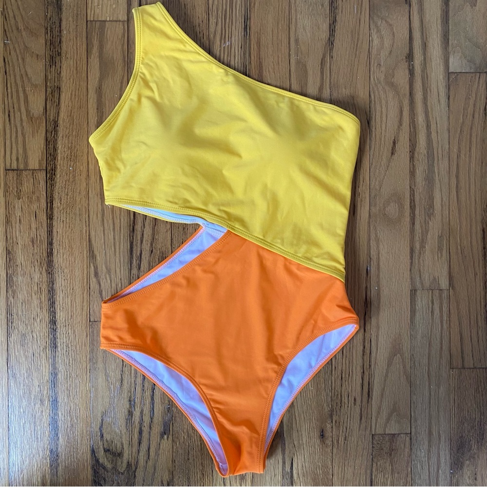NEW One Shoulder Cutout One Piece Swimsuit Swimwear Monokini Yellow Orange Large